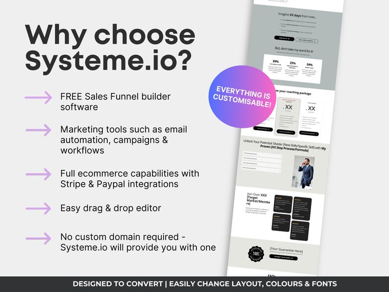 May include: A digital marketing and sales funnel software advertisement. The image features the text "Why choose Systeme.io?" with a list of features. A website mockup is on the right, with the text "Everything is Customisable!" in a purple and pink circle.