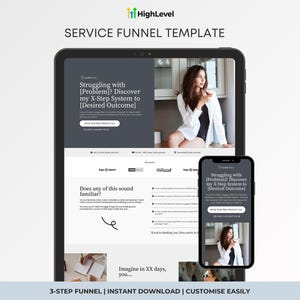 May include: A digital marketing service funnel template shown on a tablet and smartphone. The template has a dark grey and white design with the text "SERVICE FUNNEL TEMPLATE" and "3-STEP FUNNEL | INSTANT DOWNLOAD | CUSTOMISE EASILY". The template includes a photo of a woman.