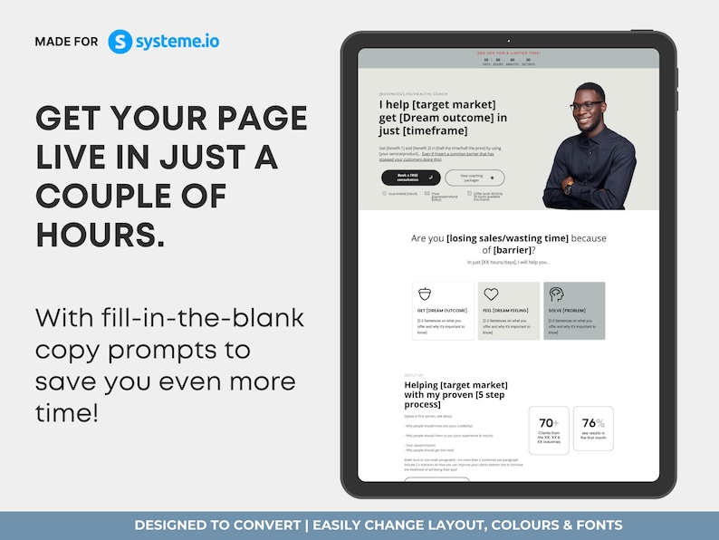 Single Page Website Template for Business Coaching Services, Systeme.io Sales Page Template, Coach Site Template, Grey Website Design
