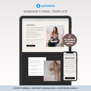 May include: A digital marketing webinar funnel template displayed on a tablet and smartphone. The template includes the text "WEBINAR FUNNEL TEMPLATE" and "Overcome [Negative Emotion/Challenge]: [XX] Steps to [Benefit] without [paint point]." The image also includes the text "NO WEBSITE OR DOMAIN NEEDED."