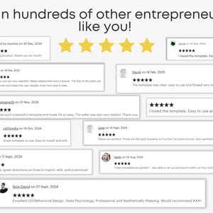 May include: Image featuring customer reviews with five-star ratings and testimonials. The text reads "Join hundreds of other entrepreneurs like you!" Reviews highlight ease of use, aesthetics, and helpfulness. The overall theme is positive feedback for a digital product.