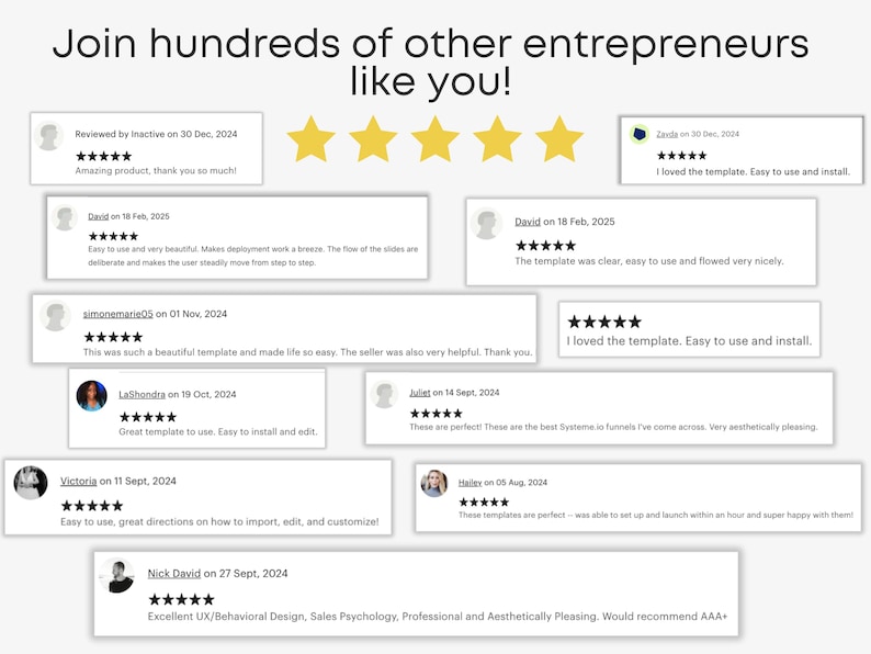 May include: Image featuring customer reviews with five-star ratings and testimonials. The text reads "Join hundreds of other entrepreneurs like you!" Reviews highlight ease of use, aesthetics, and helpfulness. The overall theme is positive feedback for a digital product.