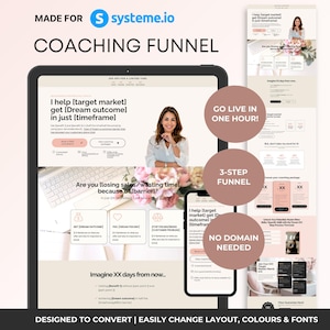 Systeme.io coaching website template, life coach single page website, services funnel template, pink neutral coach template, done for you coaching funnel, wellness coach website Systeme.io, service provider website template, life coach sales page instant download, coaching funnel free plan, CRO designed coaching website template