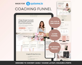 Systeme.io Sales Funnel Template | Online Coach Sales Page, Coaching Services Single Page Website, Pink Neutral Design | 3-Step Funnel