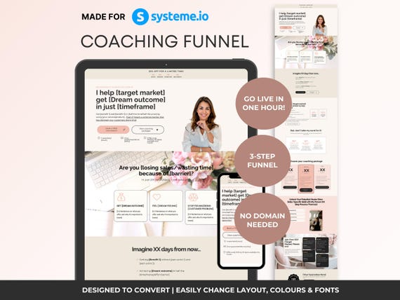 Systeme.io Funnel Template | Life Coach Sales Page, Coaching Services Single Page Website, Pink Neutral Design | 3-Step Funnel for Coaches