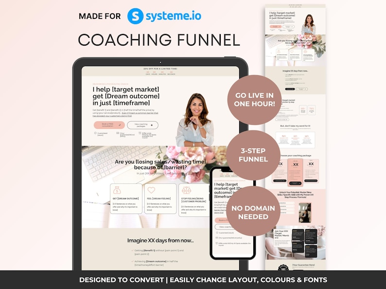 Systeme.io coaching website template, life coach single page website, services funnel template, pink neutral coach template, done for you coaching funnel, wellness coach website Systeme.io, service provider website template, life coach sales page instant download, coaching funnel free plan, CRO designed coaching website template