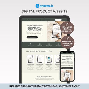 May include: A digital product website interface displayed on a tablet and smartphone. The website promotes digital products with the text "Digital Products That Make You Money - Not Just Teach You How." Additional text includes "Sell Your Digital Products" and "No Website or Domain Needed."