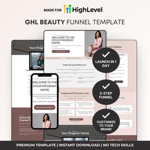 May include: A digital marketing template for beauty businesses, displayed on a laptop, tablet, and smartphone. The design includes the text "Welcome to the [Your Program Name]" and "Launch in 1 Day."