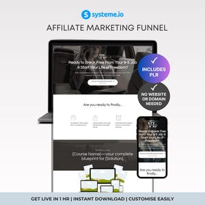 Puede incluir: Un concepto de embudo de marketing digital que se muestra en una computadora portátil y un teléfono inteligente. La pantalla muestra un sitio web con el texto "Ready to Break Free From Your 9-5 Job & Start Your Life of Freedom?" y "Includes PLR".