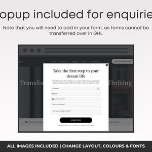 K&ouml;nnte beinhalten: Ein Website-Mockup mit einem Popup-Formular. Das Formular in einer wei&szlig;en Box fordert Benutzer auf, den ersten Schritt zu ihrem Traumleben zu machen. Der Hintergrund der Website ist dunkelgrau, mit den W&ouml;rtern "Transform" und "Thriving" sichtbar. Der Text oben lautet "Popup included for enquiries."