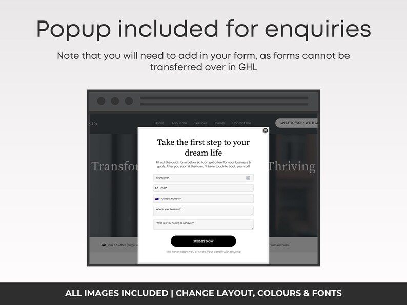 K&ouml;nnte beinhalten: Ein Website-Mockup mit einem Popup-Formular. Das Formular in einer wei&szlig;en Box fordert Benutzer auf, den ersten Schritt zu ihrem Traumleben zu machen. Der Hintergrund der Website ist dunkelgrau, mit den W&ouml;rtern "Transform" und "Thriving" sichtbar. Der Text oben lautet "Popup included for enquiries."