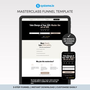 May include: A digital marketing masterclass funnel template displayed on a tablet and smartphone. The template features a black and white design with the text "Take Charge of Your XXX: Master the art of XXX." The image also includes the text "3-STEP FUNNEL | INSTANT DOWNLOAD | CUSTOMISE EASILY."