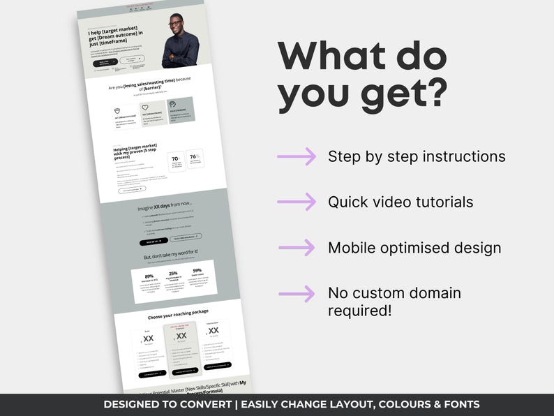 Single Page Website Template for Business Coaching Services, Systeme.io Sales Page Template, Coach Site Template, Grey Website Design