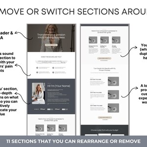 Puede incluir: Una maqueta de dise&ntilde;o de sitio web con 11 secciones que se pueden reorganizar o eliminar. El sitio web es para un entrenador o consultor de negocios. El sitio web incluye un encabezado, una llamada a la acci&oacute;n, una secci&oacute;n sobre el propietario del negocio, una secci&oacute;n sobre sus servicios y una secci&oacute;n sobre su proceso. El sitio web est&aacute; dise&ntilde;ado para ser visualmente atractivo y f&aacute;cil de navegar.