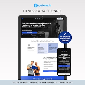 May include: A digital marketing graphic for a fitness coach funnel, displayed on a tablet and smartphone. The graphic includes the text "Get [Dream Outcome] Without [Barrier] In Just XX Days" and "3-STEP FUNNEL | INSTANT DOWNLOAD | CUSTOMISE EASILY."