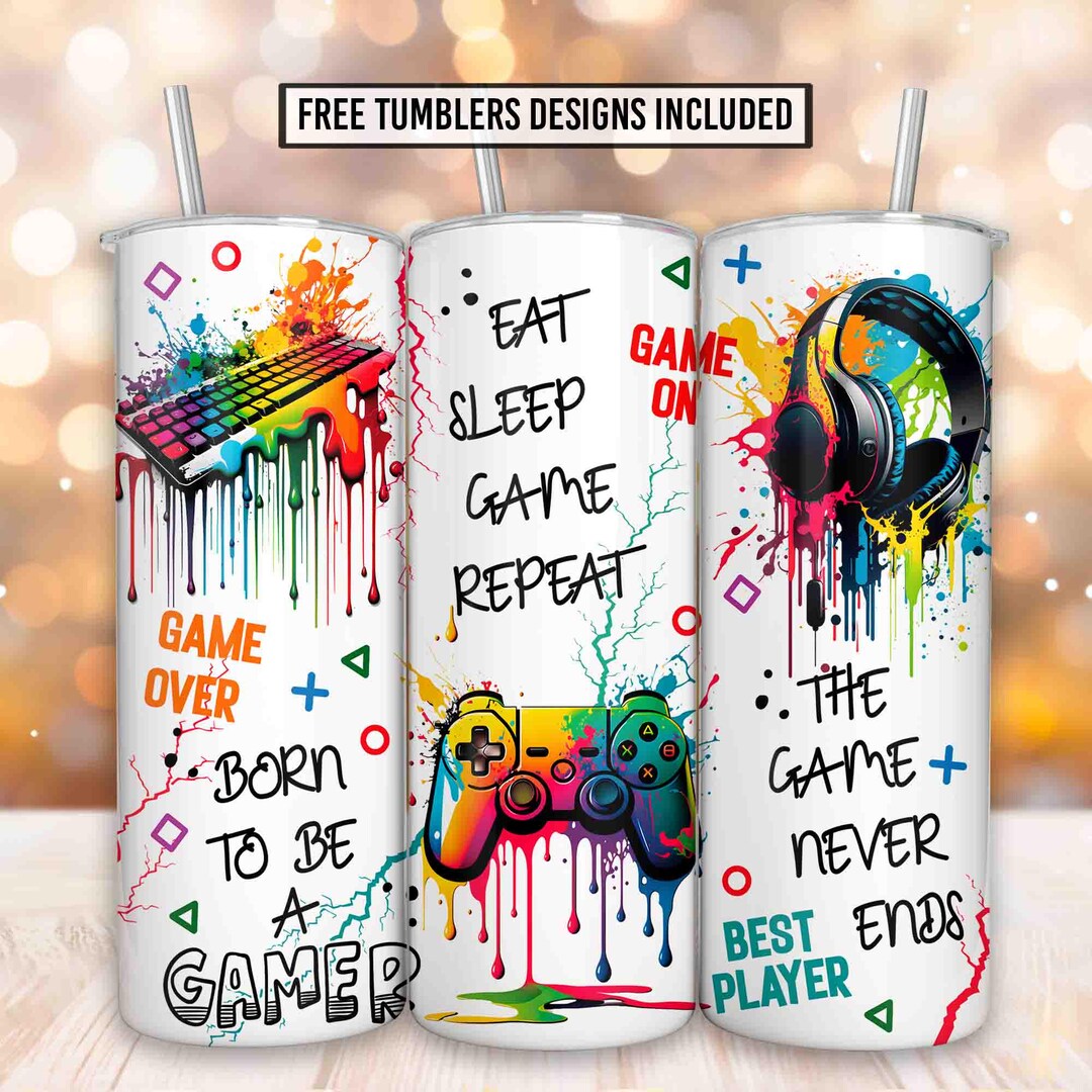 Gamer 20 Oz Skinny Tumbler Sublimation Design, Neon Video Game ...