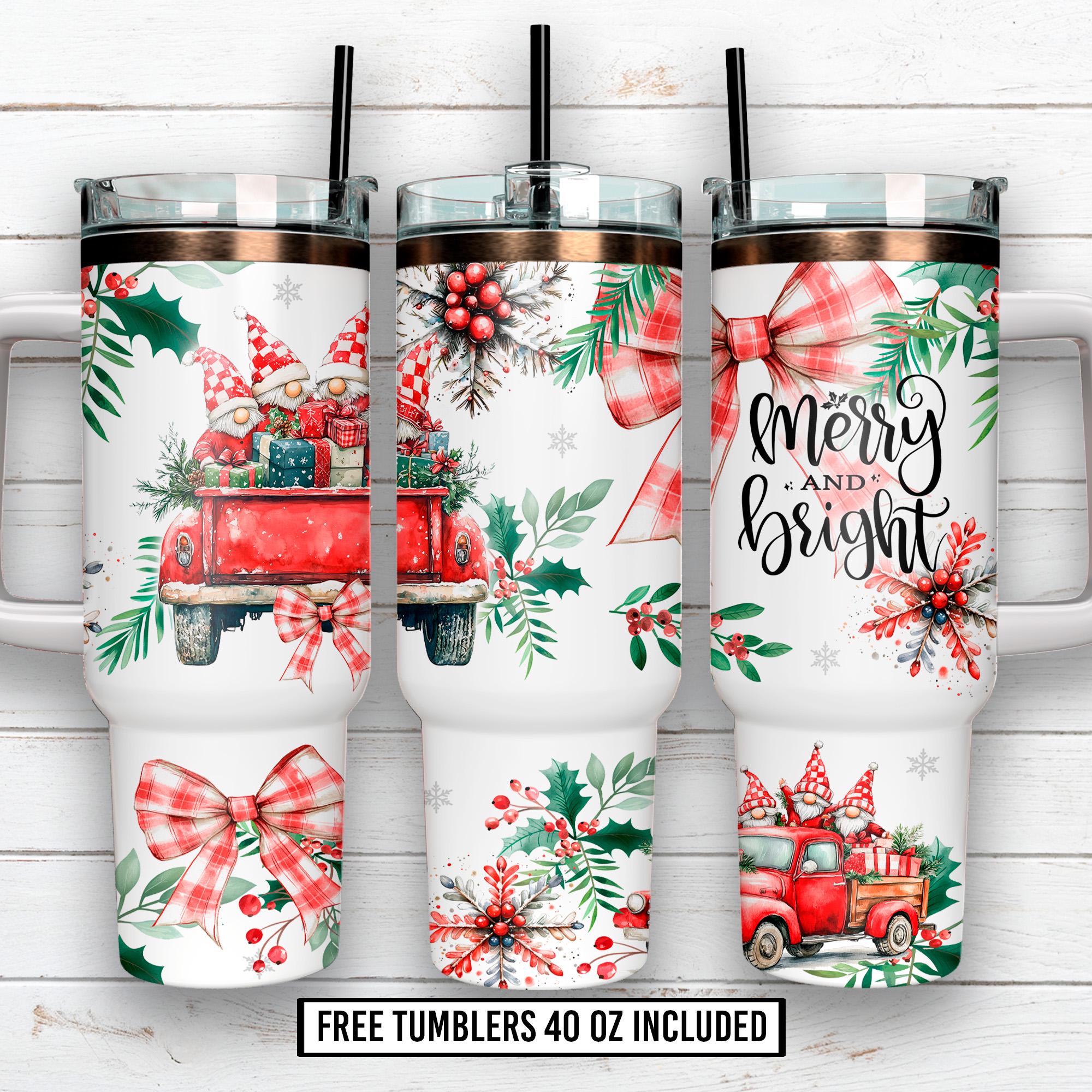 Merry and Bright 40 oz Quencher tumbler sublimation design, Christmas Gnomes Quencher Wrap PNG Files Digital Download