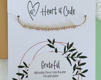 Grateful Morse Code Bracelet: 14k Gold Plated Adjustable Jewellery