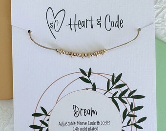 Dream Morse Code Bracelet: 14k Gold Plated Adjustable Snake Chain