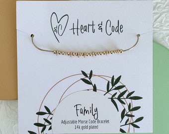 14k Gold 'Family' Morse Code Bracelet: Adjustable Snake Chain