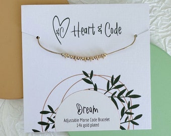 Dream Morse Code Bracelet: 14k Gold Plated Adjustable Snake Chain