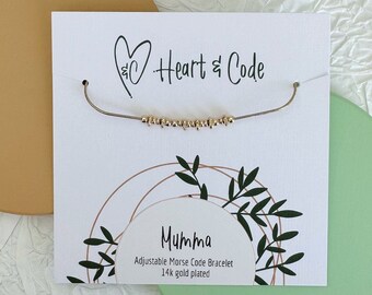 Mumma Morse Code Bracelet: 14k Gold Plated Adjustable Snake Chain