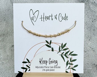 14k Gold Morse Code Bracelet: 'Keep Going' Affirmation Jewelry
