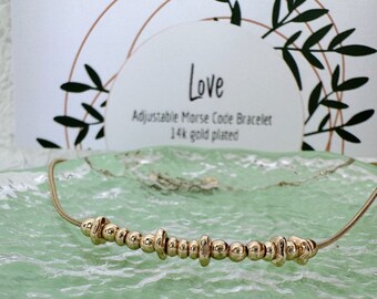 Love Morse Code Bracelet: 14k Gold Plated Adjustable Snake Chain