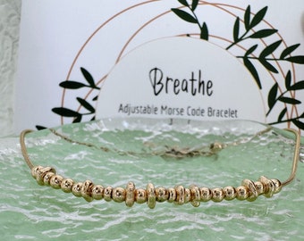 14k Gold Breathe Morse Code Bracelet: Adjustable Snake Chain