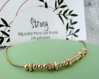 14k Gold Morse Code Bracelet: 'Strong' Affirmation Jewellery