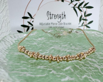 Strength Morse Code Bracelet: 14k Gold Plated Adjustable Jewellery