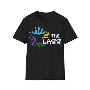 May include: Black t-shirt with a colorful paint splatter design and the text "THE LABB CREATION" in white.