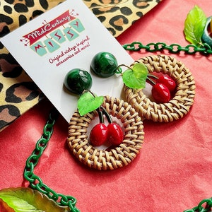 1950s Style Carmen Miranda Fruit Earrings Cherry Cherries