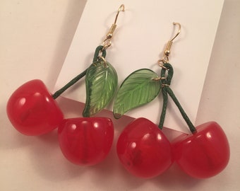 Big Cherry Earrings Cute Kitsch 1950's Rockabilly Pinup Fifties 50's