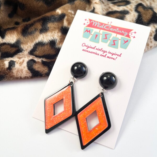 1950s Style Drop Earrings Diamond Shaped Black And Orange Glitter Sparkle