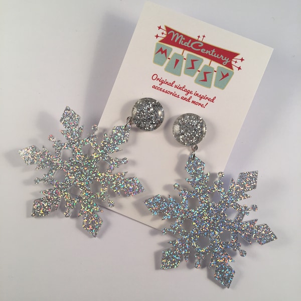 Retro Christmas Silver Snowflake Earrings Cute Kitsch Christmas Xmas Festive Posts Or Clip Ons Vintage Inspired Fifties Glitter