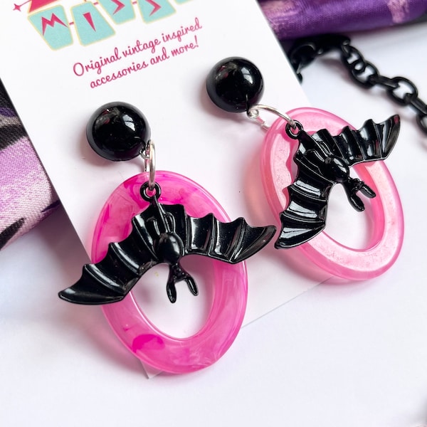 1950’s Style Pink And Black Bat Hoop Earrings Summerween