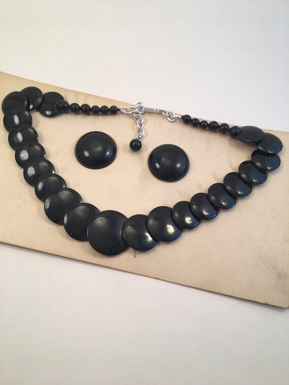 1950s 50s Black Disc Necklace & Earring Set 1940s