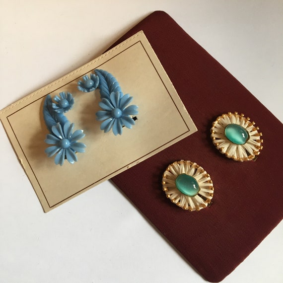 1950s 50s Original Vintage Blue Clip On Earrings F