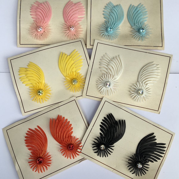 1950s Vintage Clip On Earrings Fan Ear Climber 50s Fifties Midcentury Original 1940s 40s Forties Yellow Pink Blue