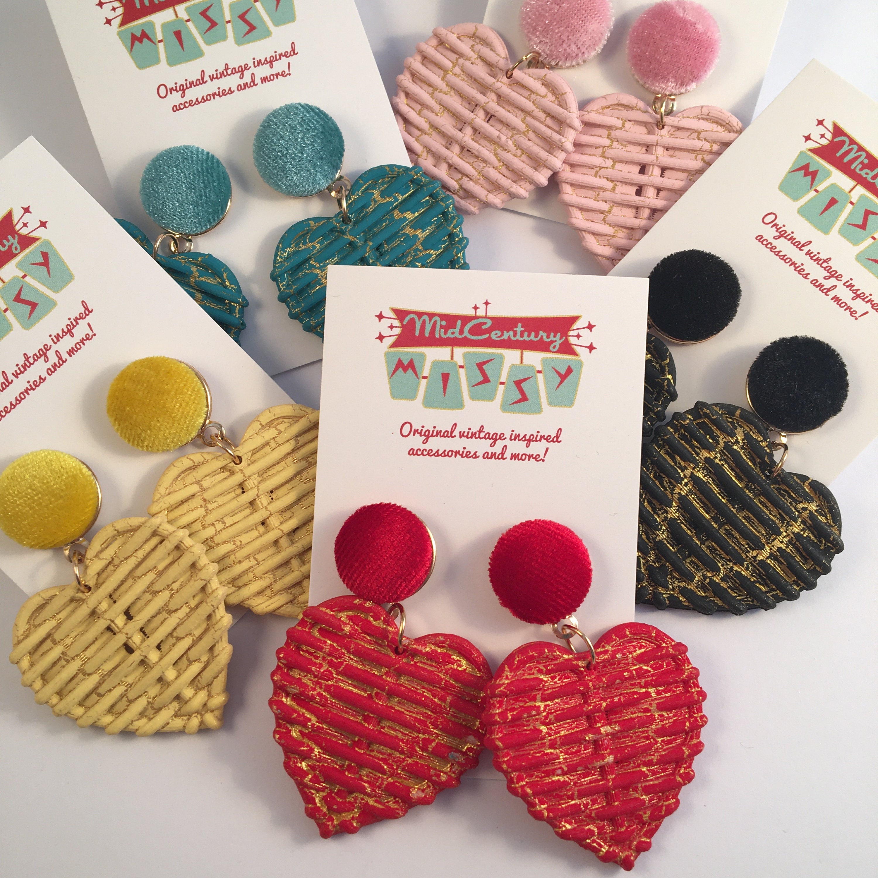 1950s Heart Earrings Wicker Rattan Red Blue Pink Black Vintage