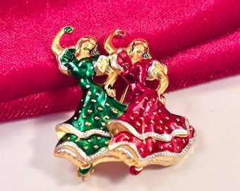 1950's original vintage gold tone and enamel Spanish style brooch pin Flamenco dancers ladies