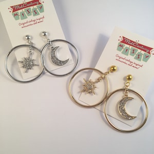Orecchini a cerchio in oro e argento, con luna e stella, con diamanti, con clip, stile Rockabilly, Pinup, vintage, anni Cinquanta