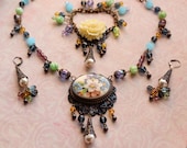 Handmade Floral Jewelry Set, Boho Chic Floral Necklace Set, Vintage Style Parure, Purple Blue Green Necklace Bracelet Earrings Set, SRAJD