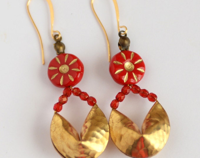 Fortune Cookie Earrings, Chinese New Year Jewelry, Red and Gold Earrings, Asian Jewelry, Good