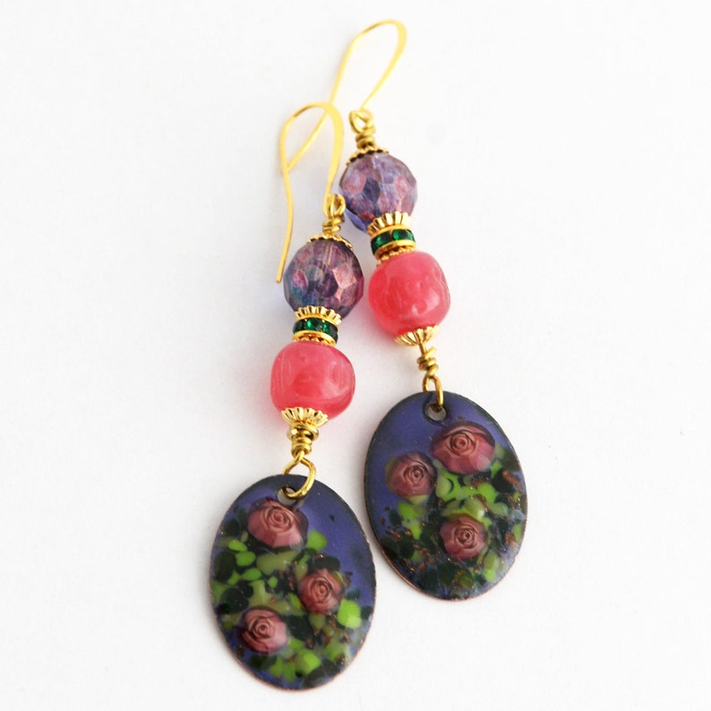 Rose Garden Earrings Artisan Enamel Earrings Purple Etsy