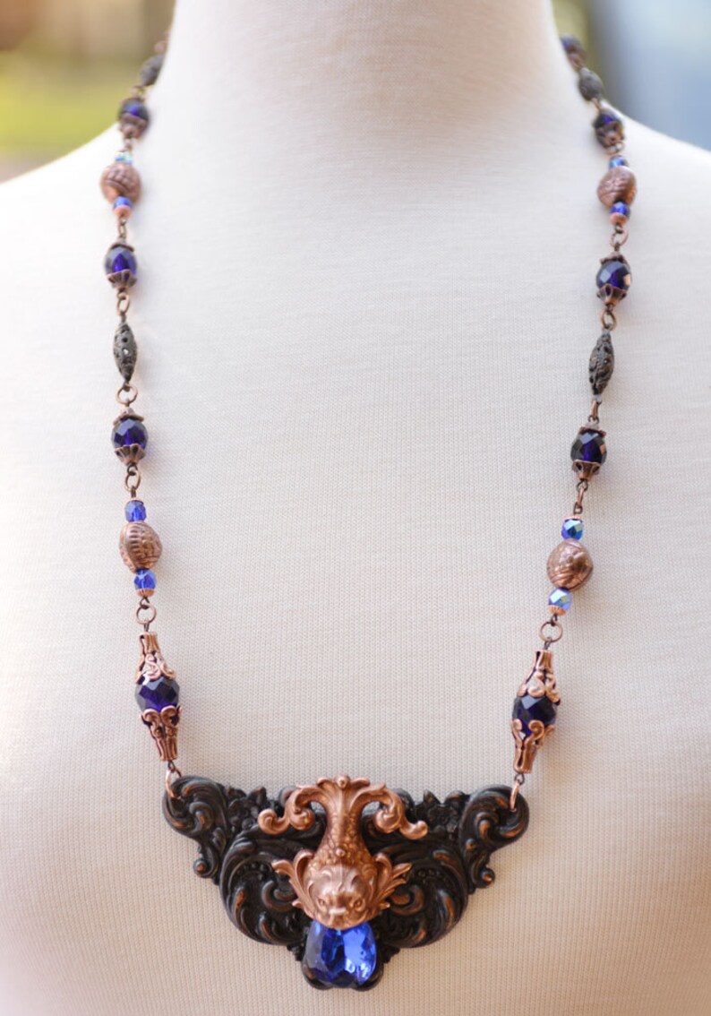 Koi Fish Necklace Blue Jeweled Asian Necklace Water Dragon Etsy