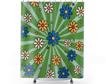 Retro Daisy Shower Curtain | Bathroom Design | Dopamine Decor | 70s Retro Curtains | Green Curtains