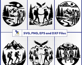 Parvandring SVG-paket, Bergsäventyrsvektor, Campingpartnerdekal, Natursilhuettklipp