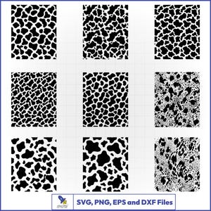 May include: Nine black and white animal print patterns in a grid layout. The patterns include cow, dalmatian, and leopard prints. The bottom right corner of the image includes the text "SVG, PNG, EPS and DXF Files".